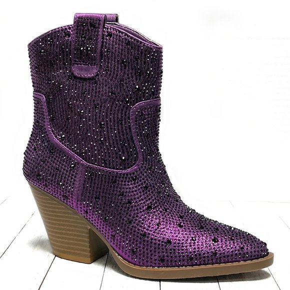 New Women Purple Rhinestone Blingy Cowboy Western Ankle Boots Booties - Picture 2 of 6